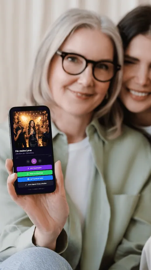 Two women laughing together while one holds up a phone playing her personal song
